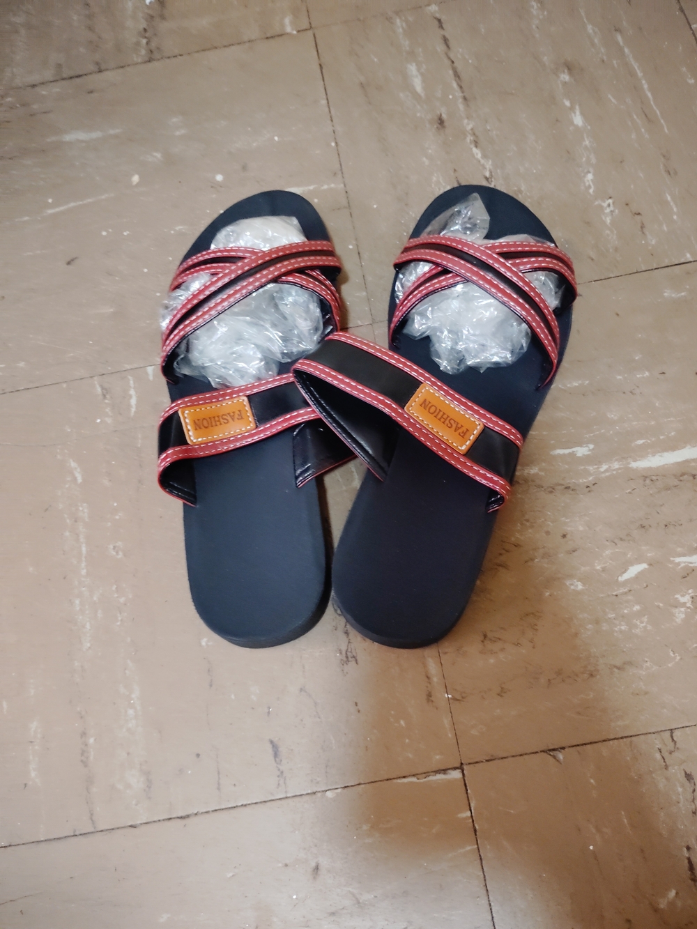 Women's Navy Slide Sandals with Red Trim